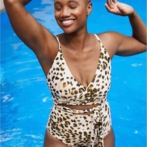 AERIE SWIM LEOPARD WRAP ONE PIECE SWIMSUIT